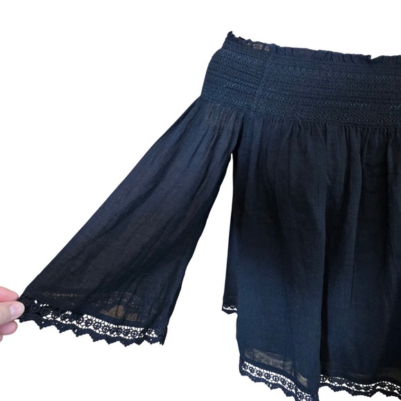 Zara Trafulac Black Off Shoulder Smocked Crop Top Bell Sleeve Lace Trim Medium - Picture 3 of 8